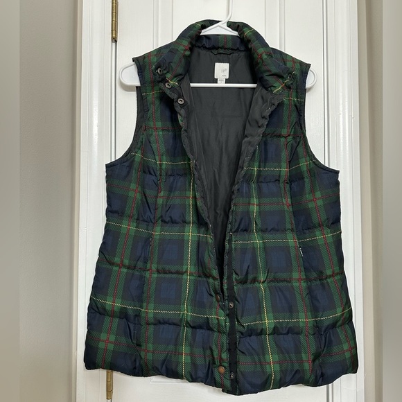 J. Jill Women’s Vest Medium Puffer Green Tartan Plaid Down Snap Up Insulated - Picture 3 of 6